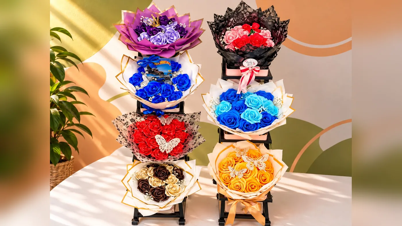 Siete ramos buchón de rosas eternas en cinta de satín, en morado con corona, azul con un carro de juguete, rojo con mariposas, café, rosado y rojo, azul con celeste y naranja, Detalles de Amor Medellín