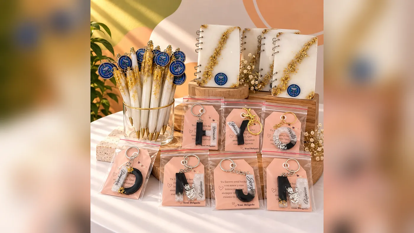 Lapiceros y libretas en resina blanca con pan de oro y el logo de un equipo, junto a llaveros con la inicial y el nombre de cada persona, Detalles de Amor Medellín