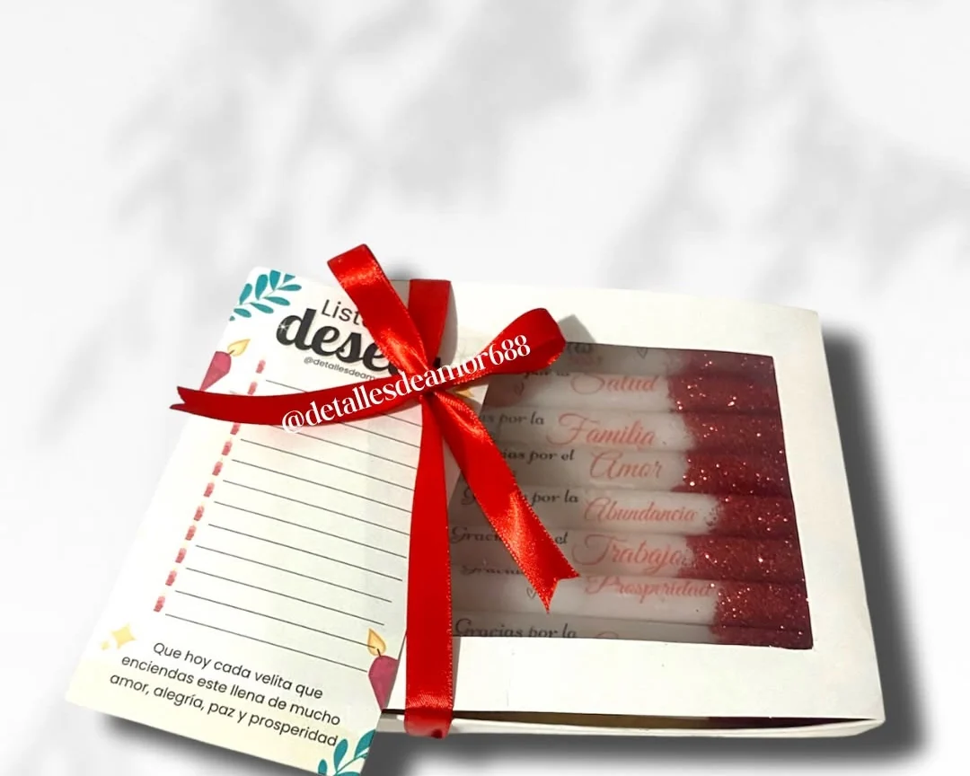 Caja de velas personalizadas para el 7 de diciembre con tarjeta de lista de deseos y moño rojo, Detalles de Amor Medellín
