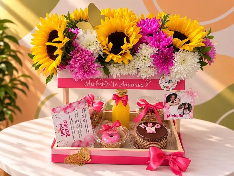 Desayuno sorpresa de cumpleaños con base de girasoles y crisantemos, jugo, postres, tarjeta y fotos, listo para entregar