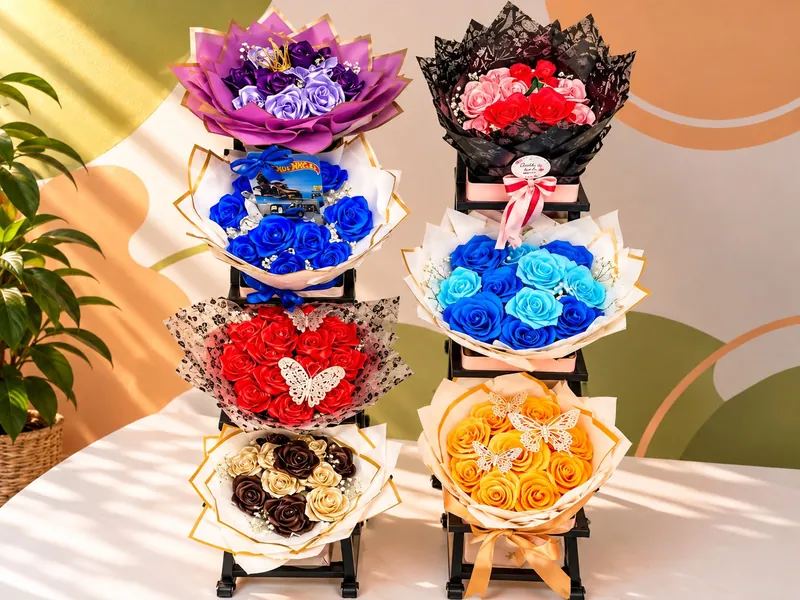 Siete ramos de rosas eternas en cinta de satín, cada uno en un color distinto: morado, azul, rojo, café, rosado, celeste y naranja