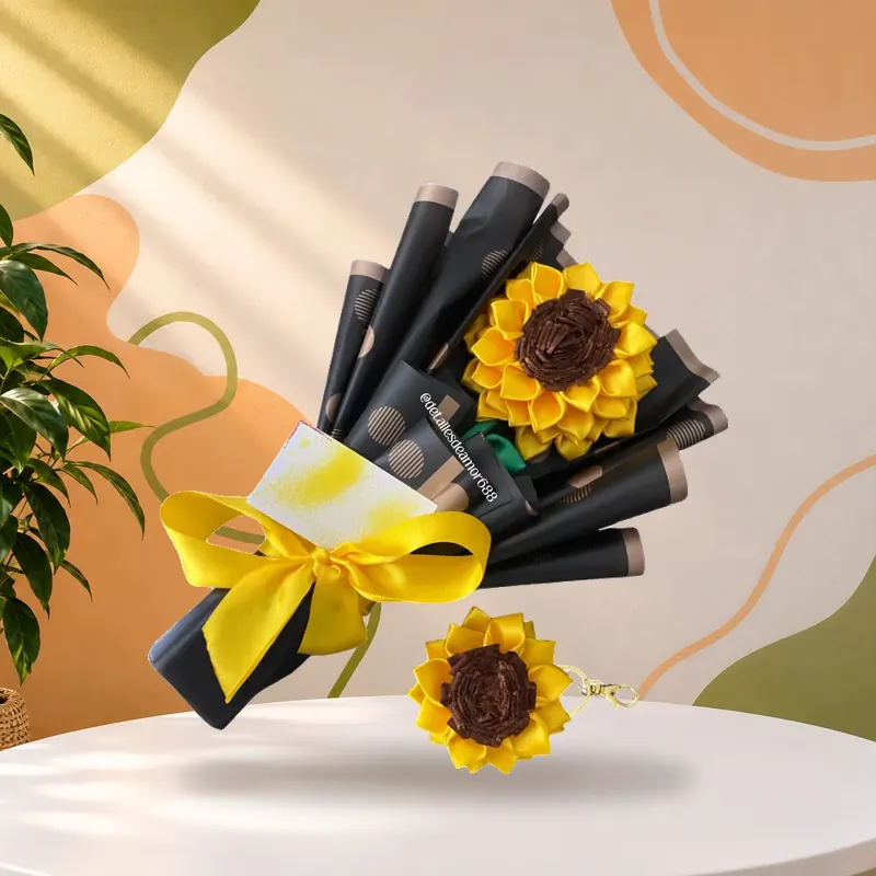 Ramo de girasoles artesanales en cinta de satín con llavero a juego